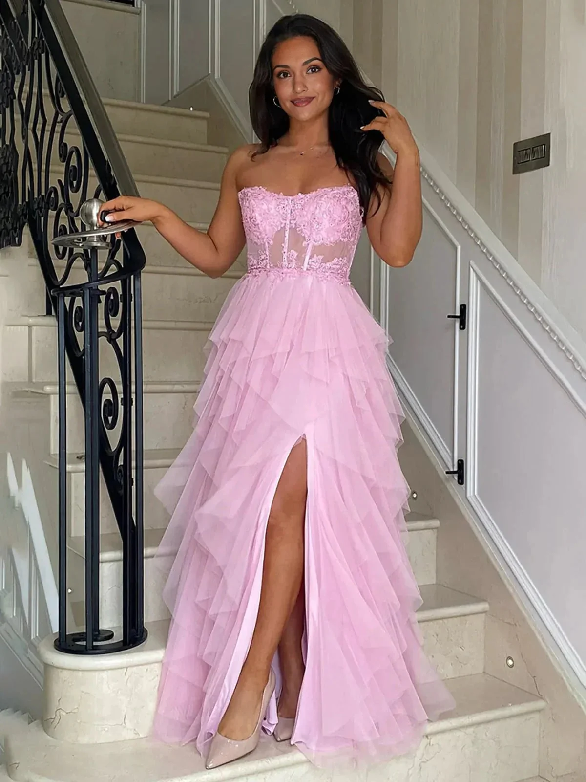 Adella | A-Line Tulle Blush Tiered Long Corset Strapless Prom Dress with Appliques - Image 3