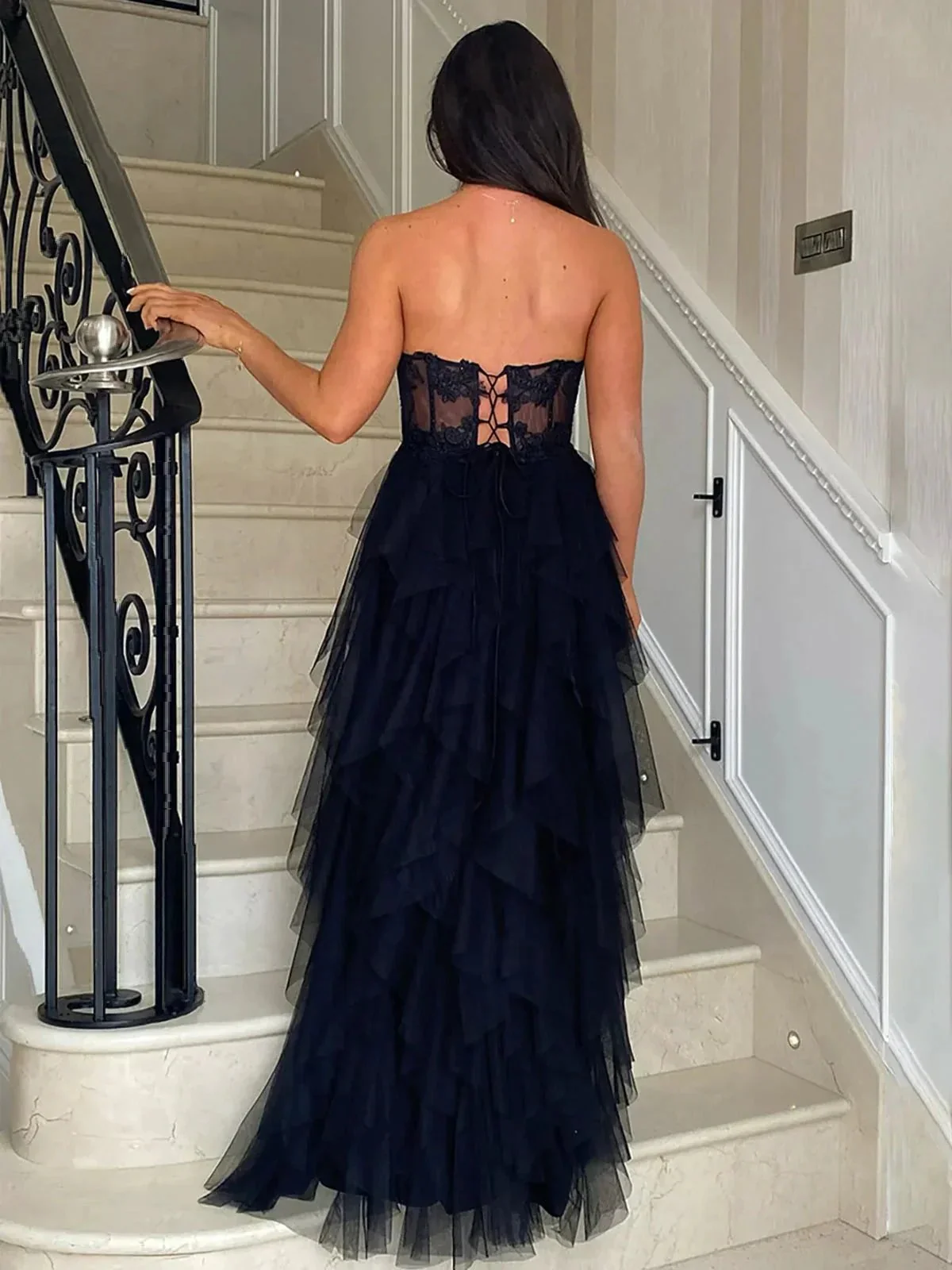 Adella | A-Line Tulle Blush Tiered Long Corset Strapless Prom Dress with Appliques - Image 6