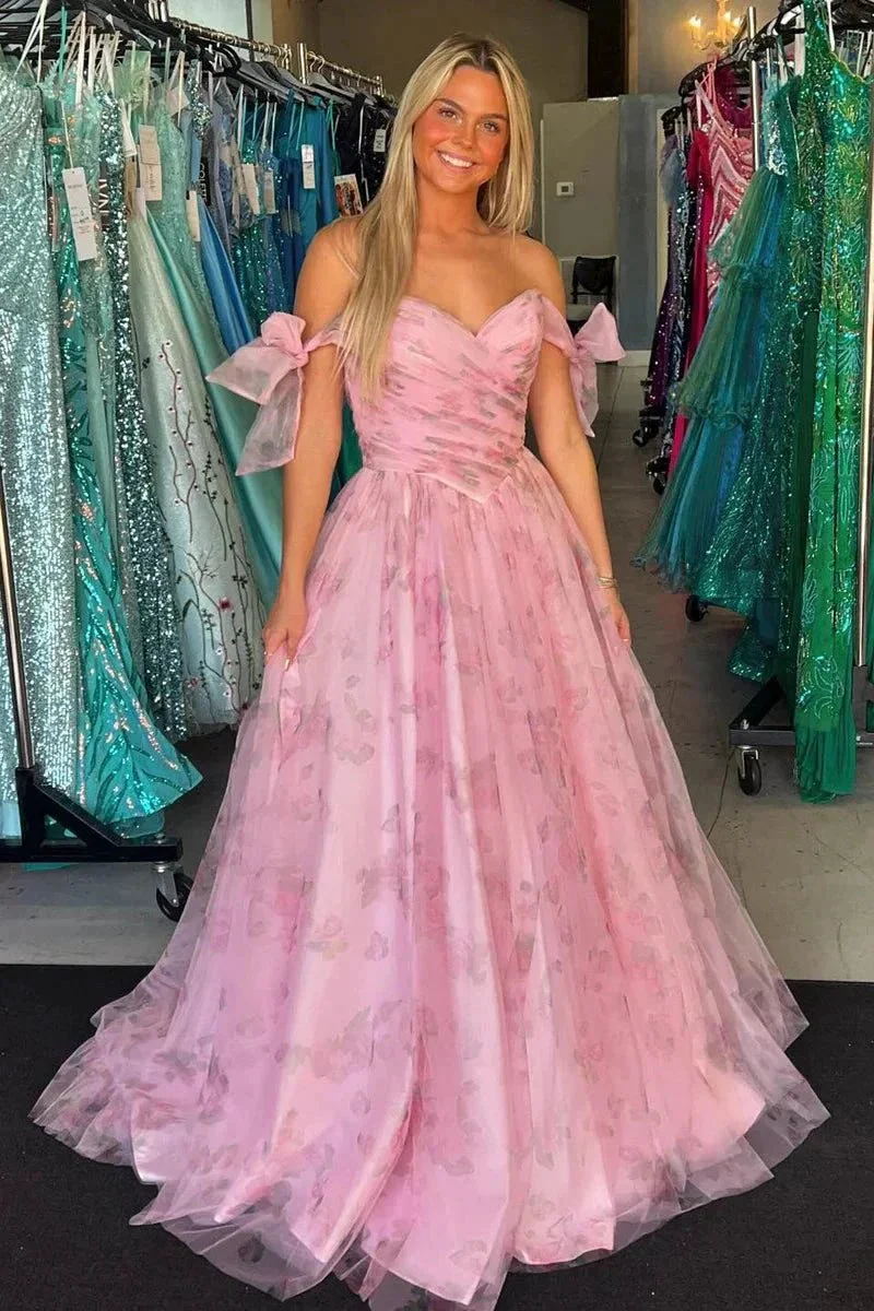 Adhara | Pink A Line Off the Shoulder Floral Printed Long Prom Dresses - Image 2
