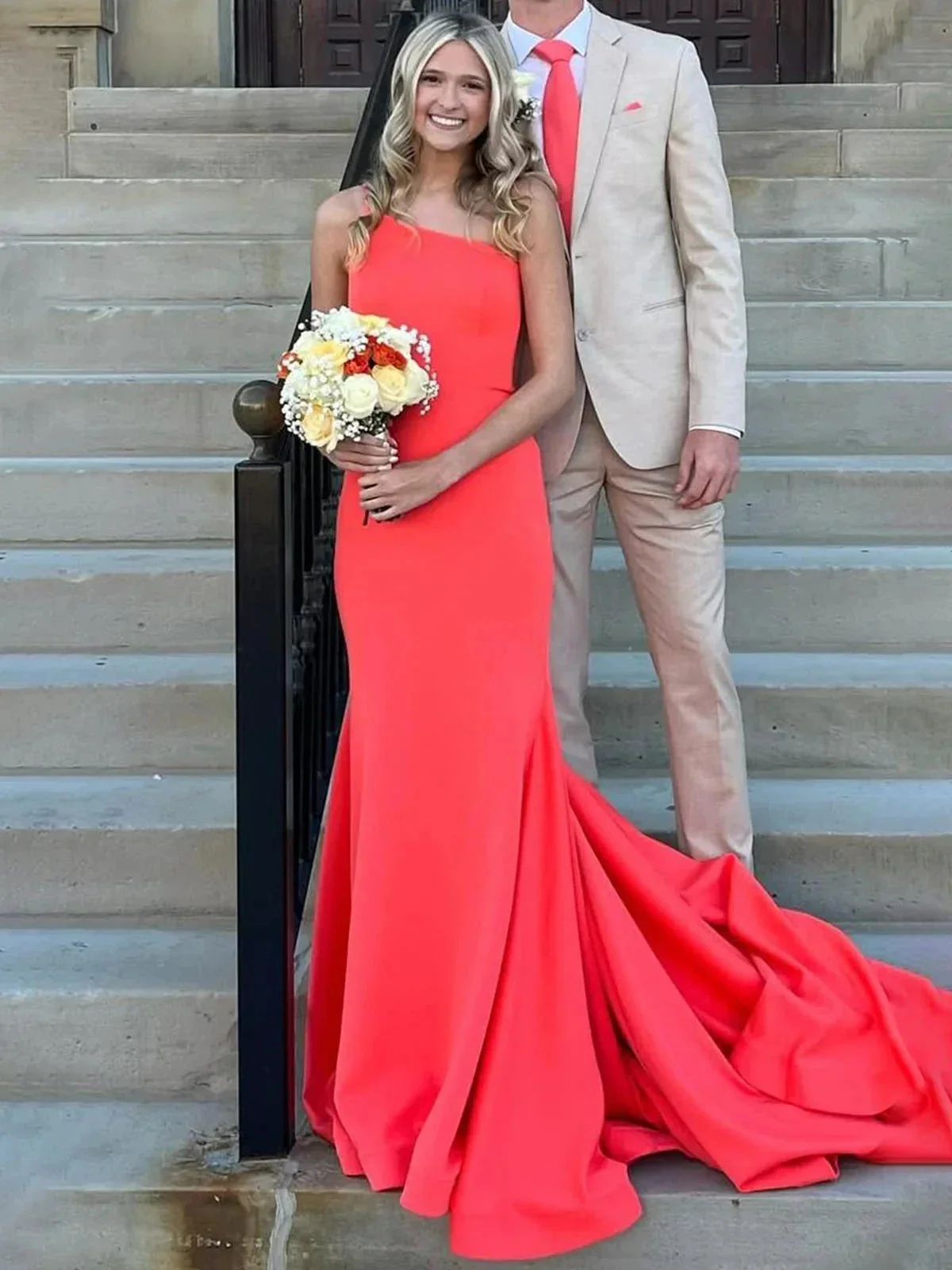 Adley  | One Shoulder Mermaid Sleeveless Satin Prom Dress with Train - Image 4