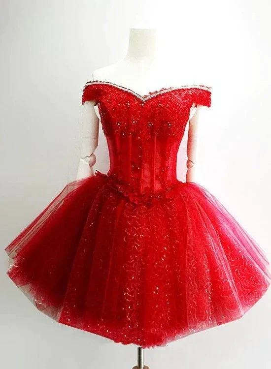 Adorable Red Sweetheart Shiny Tulle Off Shoulder Short Homecoming Dress Red Party Dress Y1212 - Image 2