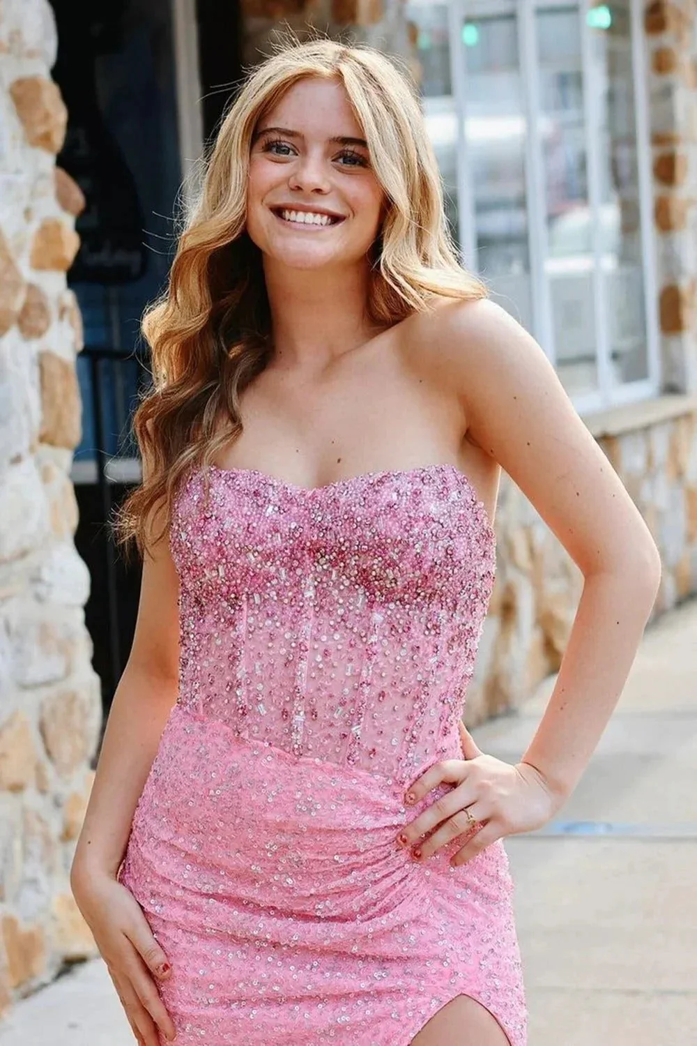 Aeliana | Pink Strapless Sequins Mermaid Long Prom Dress With Split - Image 2