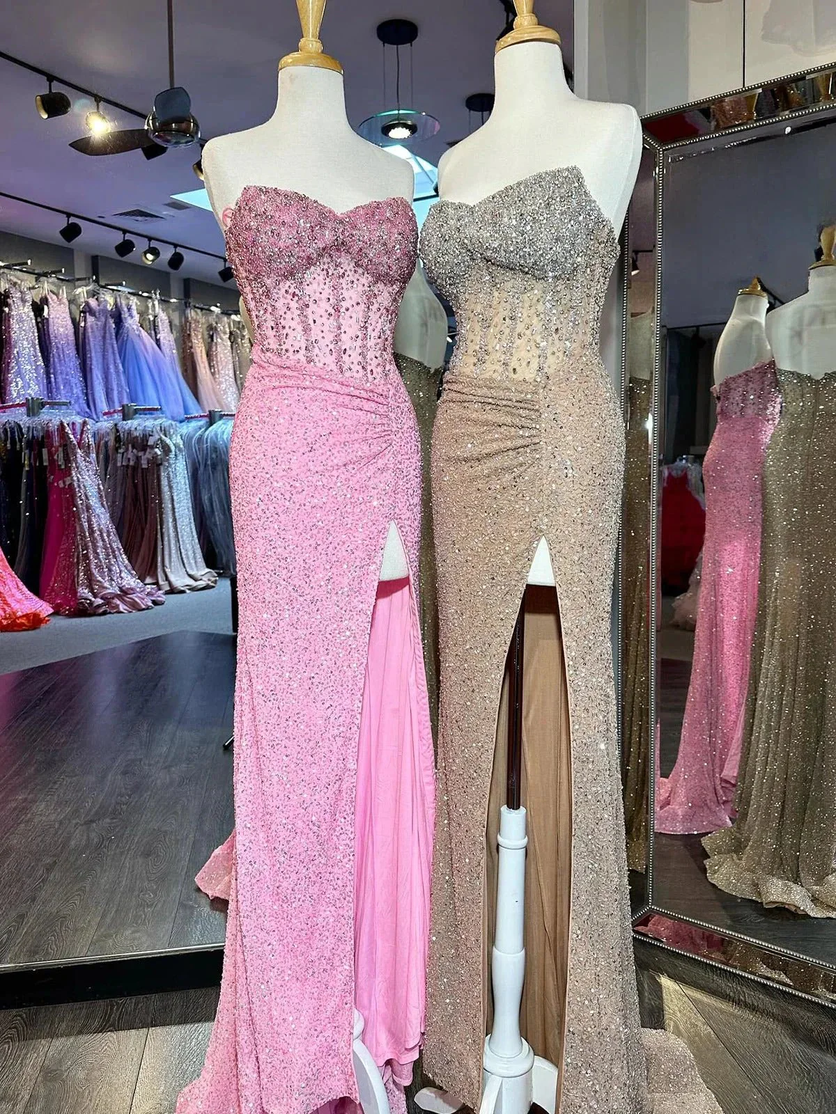 Aeliana | Pink Strapless Sequins Mermaid Long Prom Dress With Split - Image 4