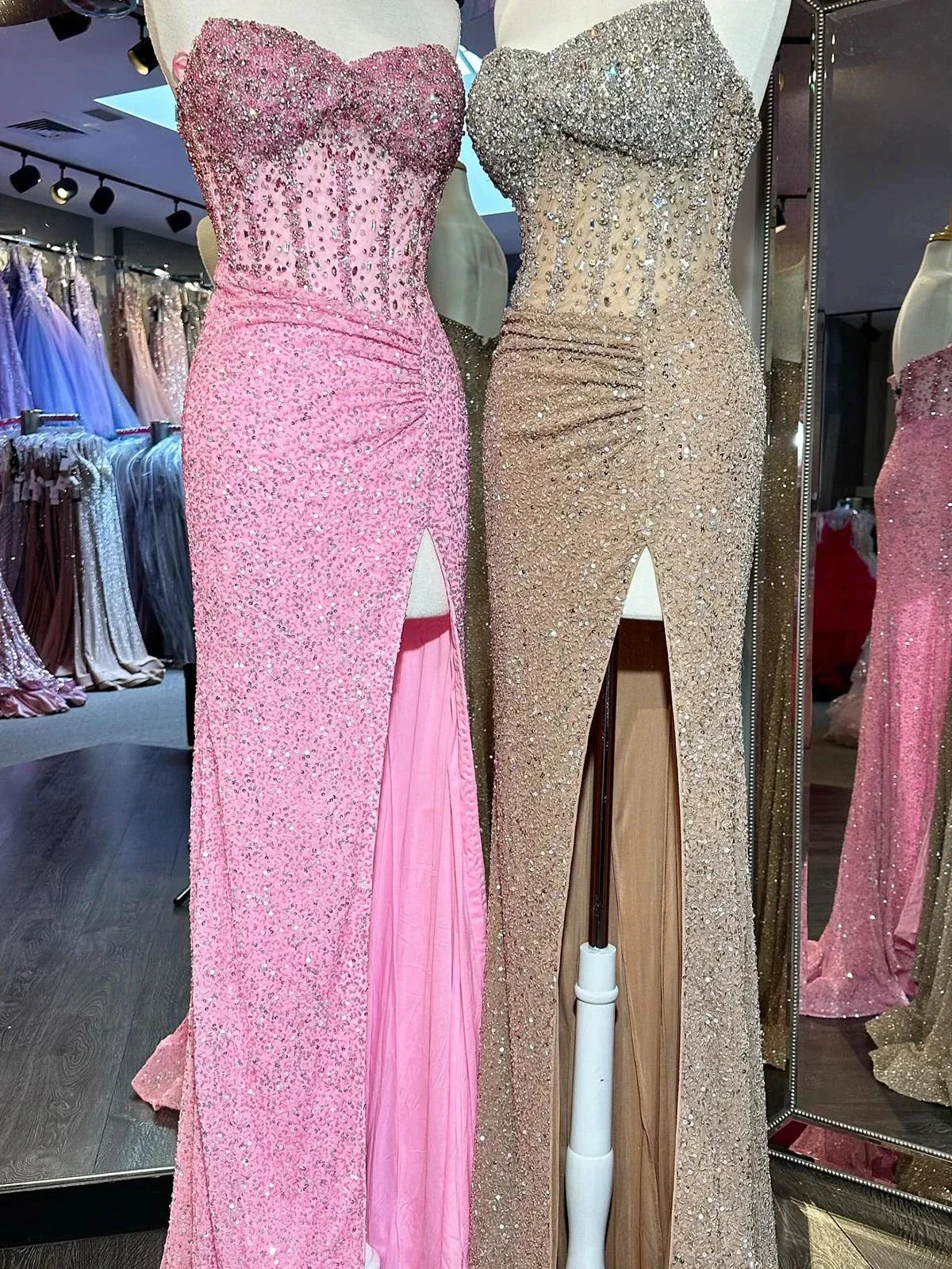 Aeliana | Pink Strapless Sequins Mermaid Long Prom Dress With Split - Image 5