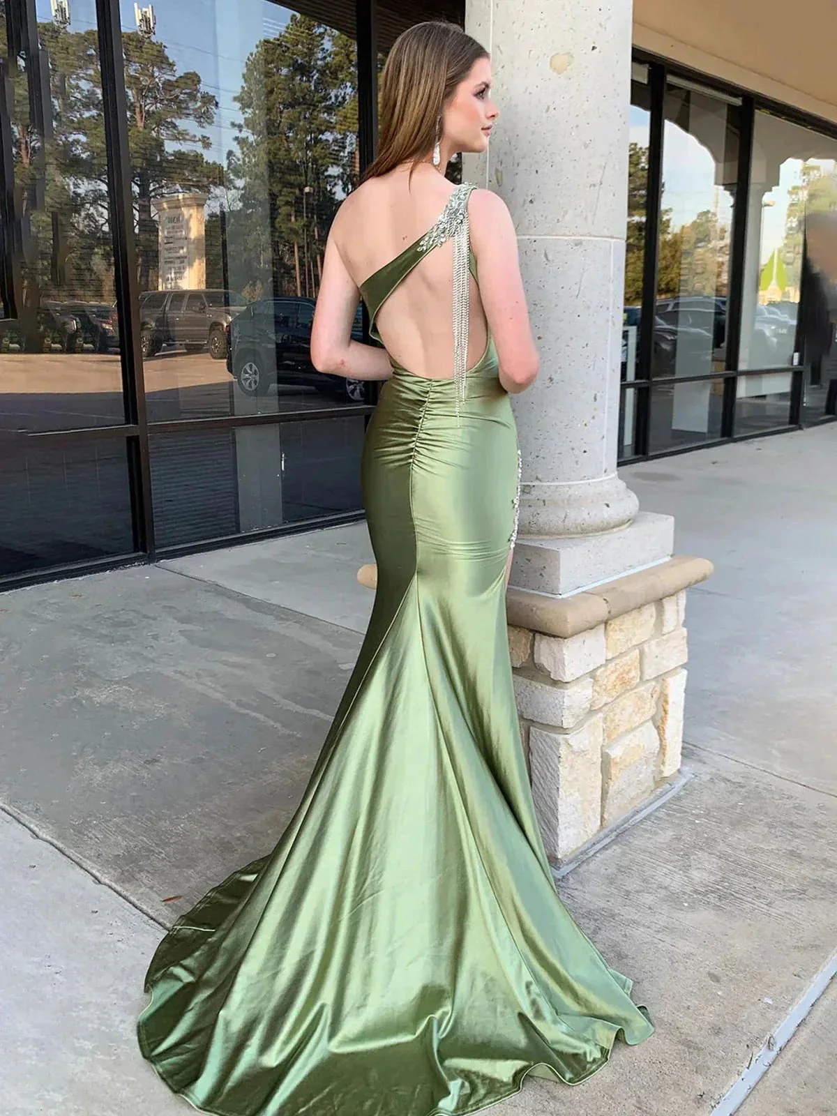 Aethera | Sage Beaded Mermaid One Shoulder Satin Prom Dress with Slit - Image 2