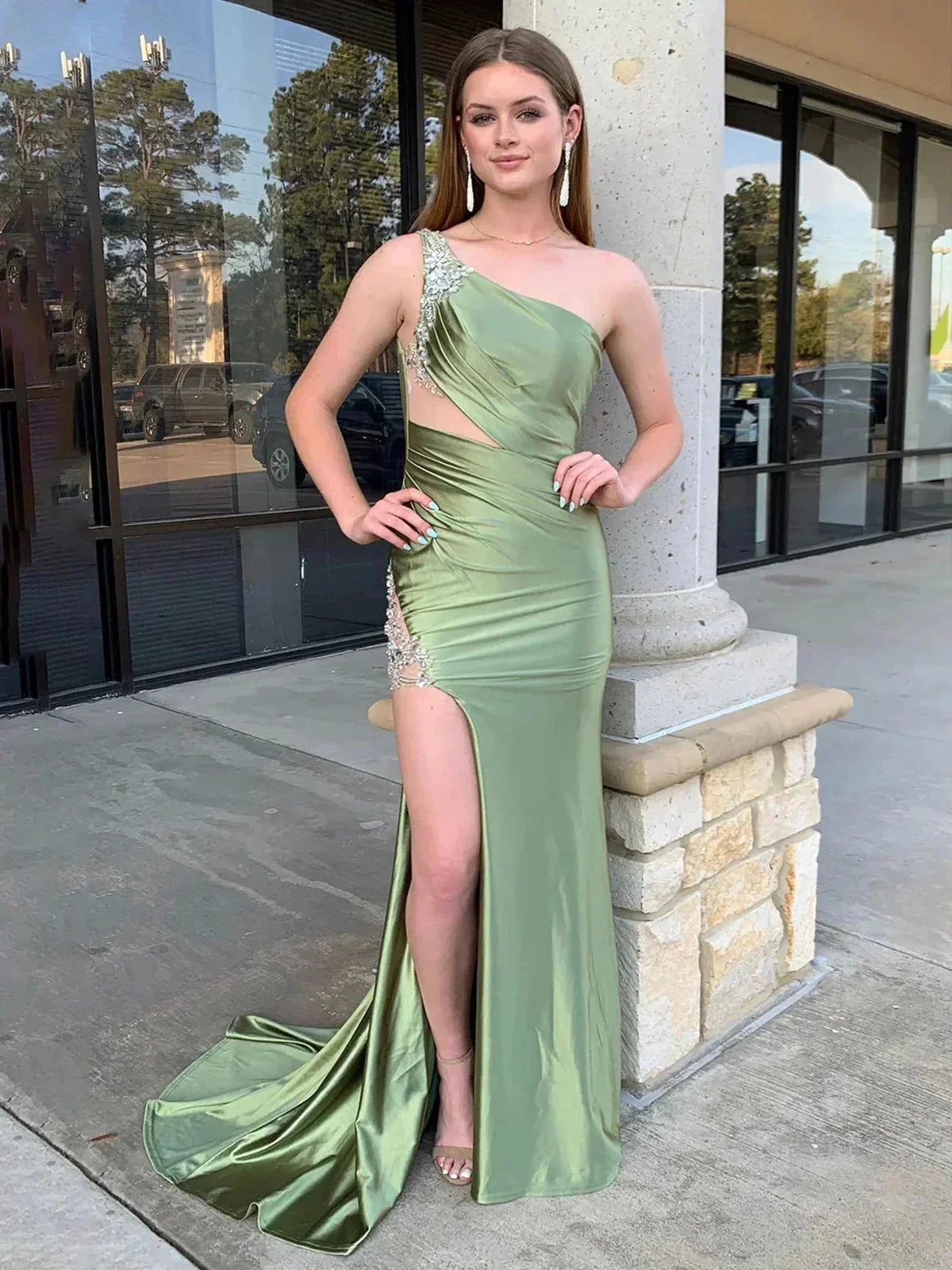 Aethera | Sage Beaded Mermaid One Shoulder Satin Prom Dress with Slit - Image 3