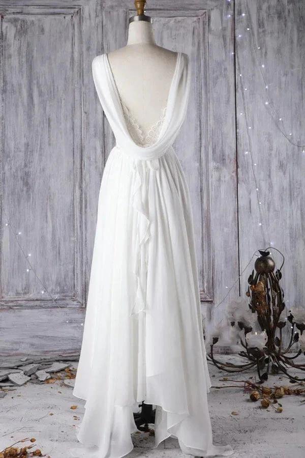 Affordable A-line Asymmetric Lace Chiffon Open Back Wedding Dress - Image 2