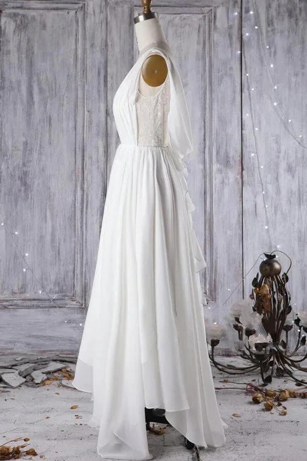 Affordable A-line Asymmetric Lace Chiffon Open Back Wedding Dress - Image 3
