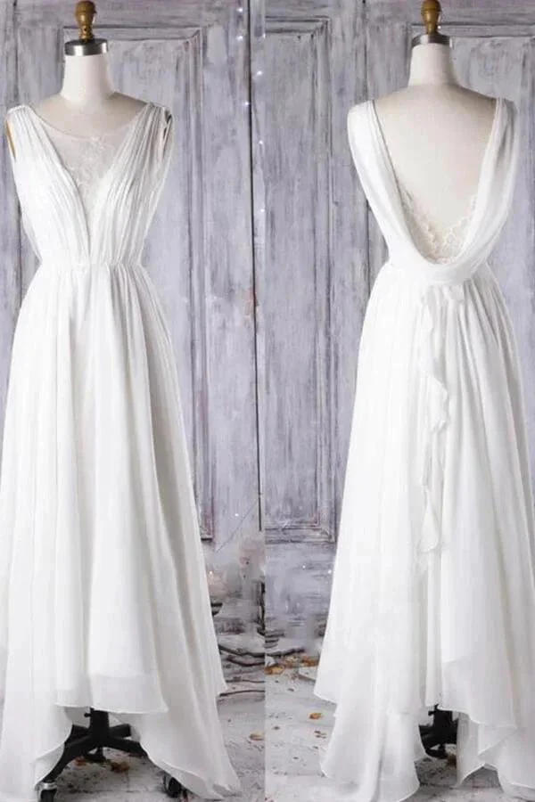 Affordable A-line Asymmetric Lace Chiffon Open Back Wedding Dress - Image 5