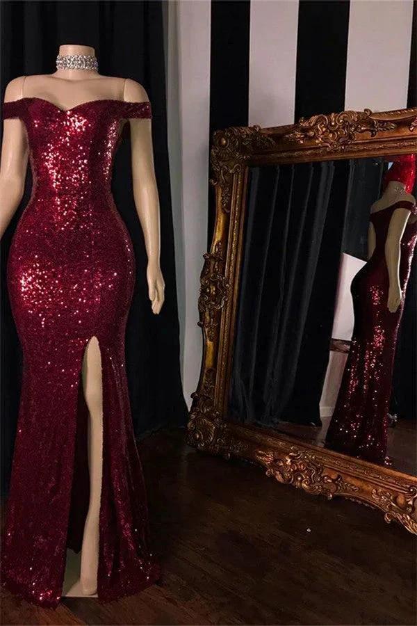 Affordable Long Mermaid Off-the-shoulder Sequined Prom Dress with Slit - Image 2