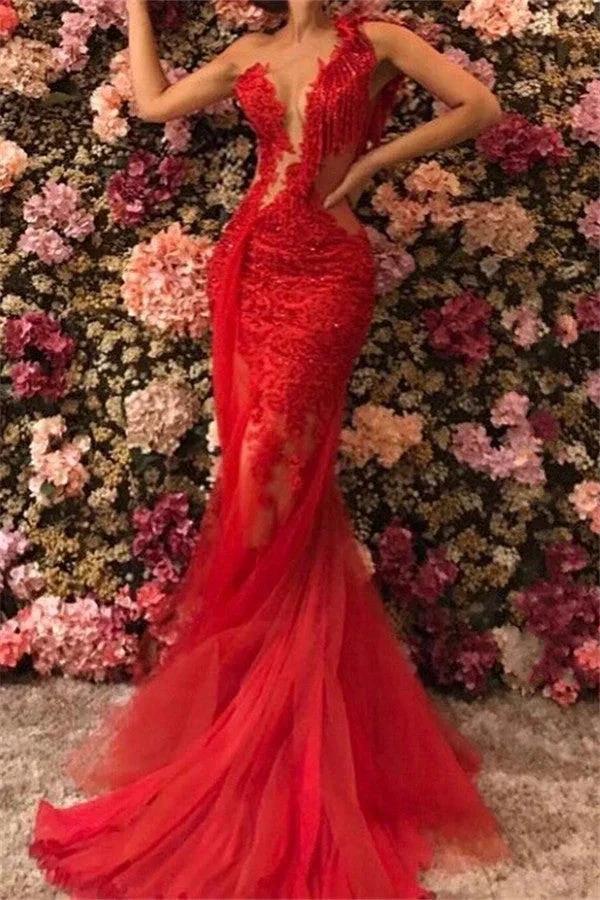 Affordable Red Long Mermaid One Shoulder Tulle Lace Prom Dress - Image 2