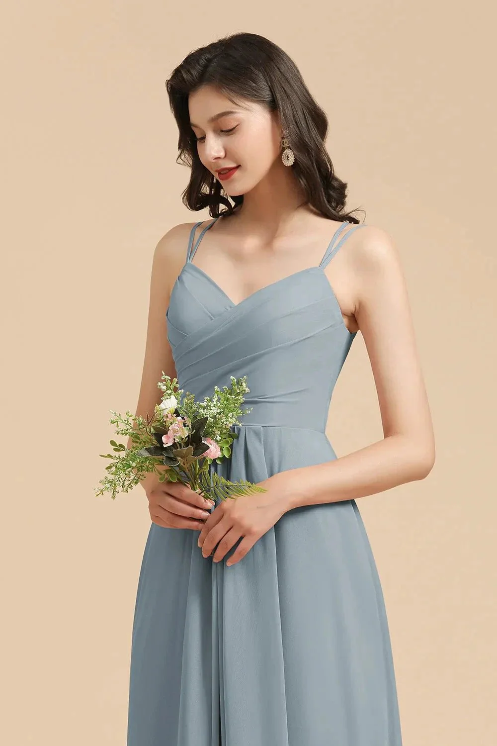 Affordable V-Neck Ruffle Dusty Blue Chiffon Bridesmaid Dresses - Image 2