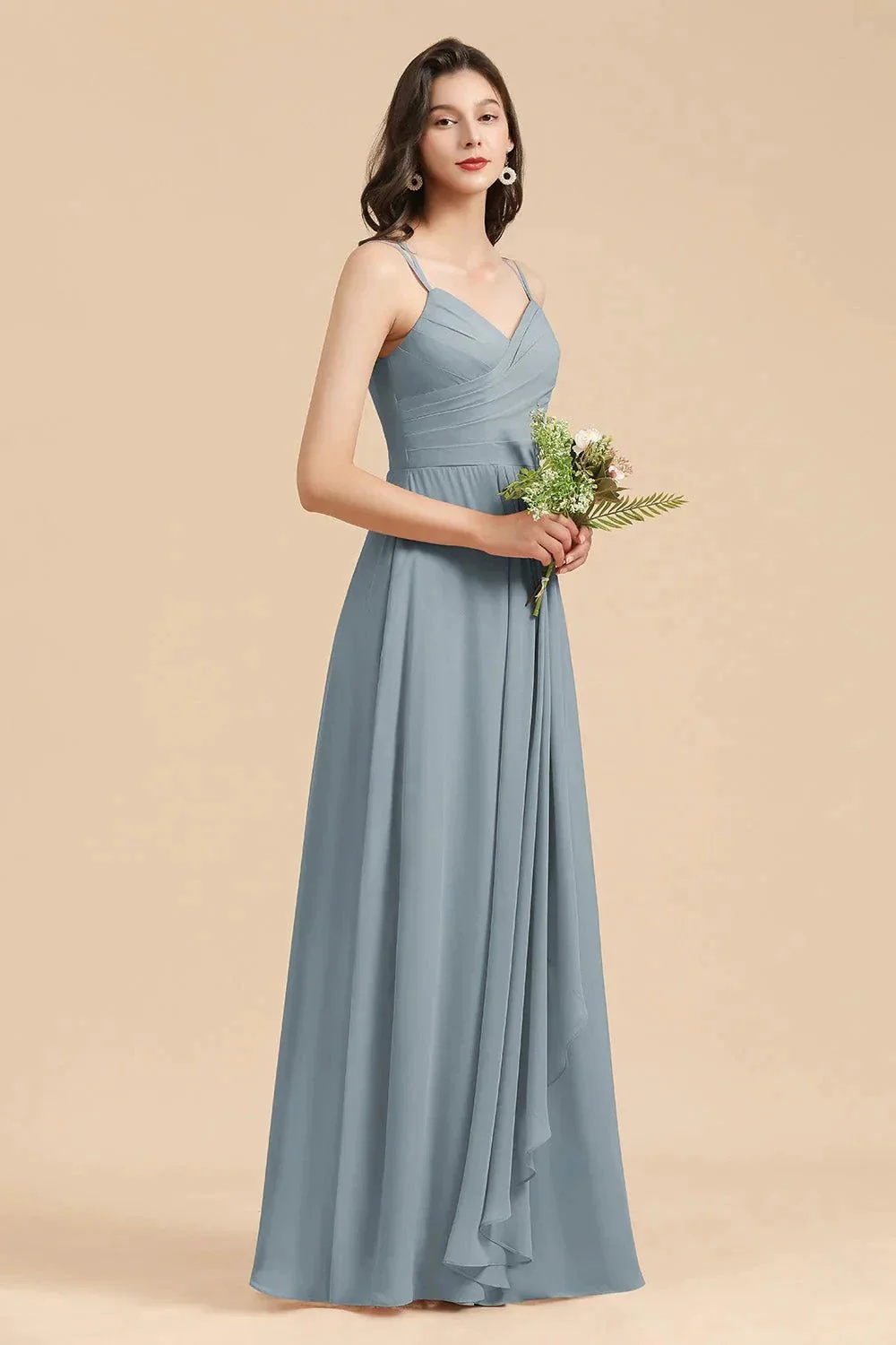 Affordable V-Neck Ruffle Dusty Blue Chiffon Bridesmaid Dresses - Image 3