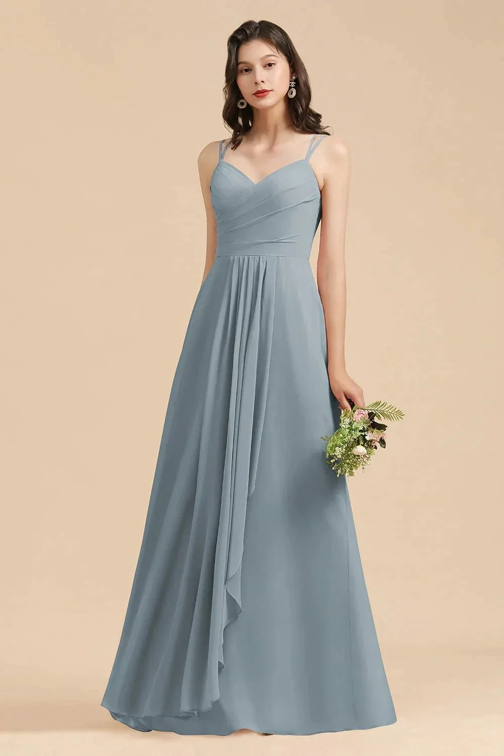 Affordable V-Neck Ruffle Dusty Blue Chiffon Bridesmaid Dresses - Image 4