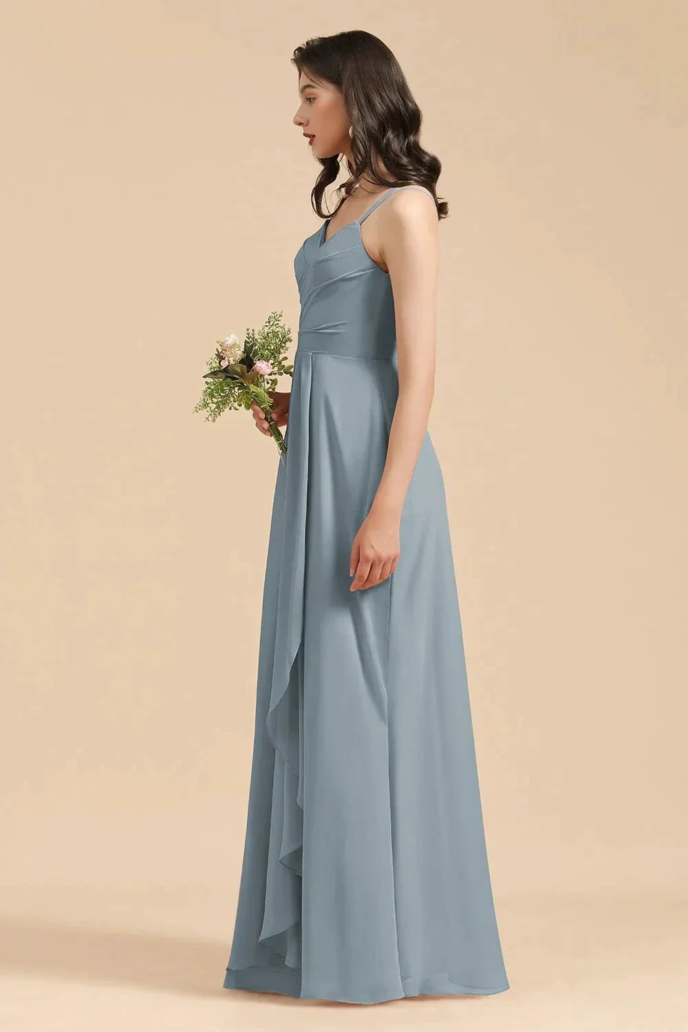 Affordable V-Neck Ruffle Dusty Blue Chiffon Bridesmaid Dresses - Image 5