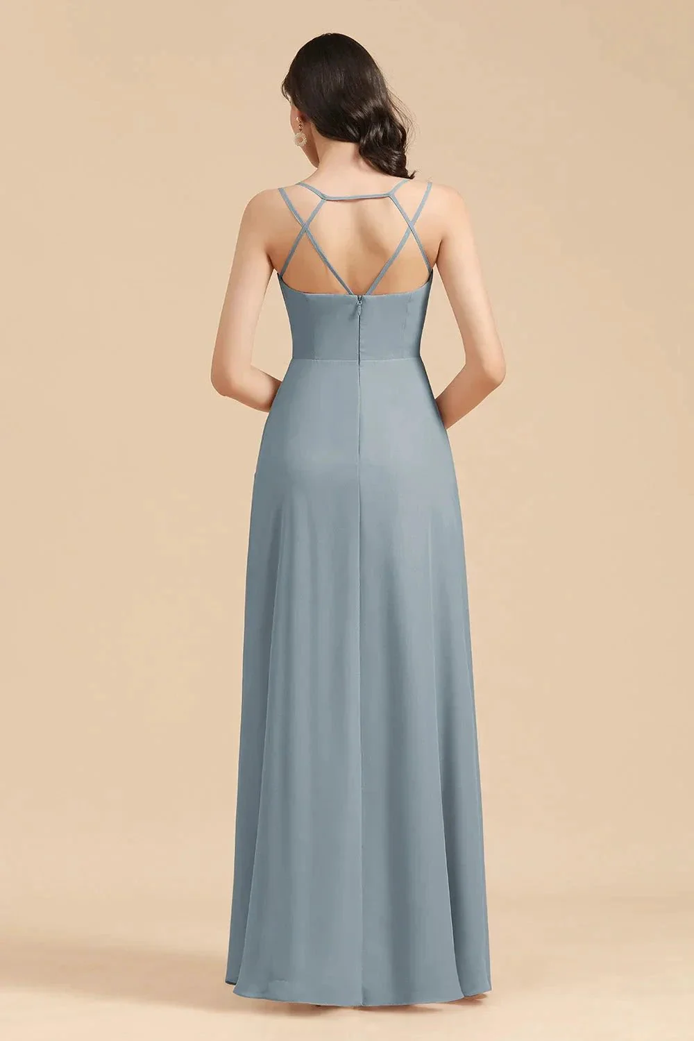 Affordable V-Neck Ruffle Dusty Blue Chiffon Bridesmaid Dresses - Image 6