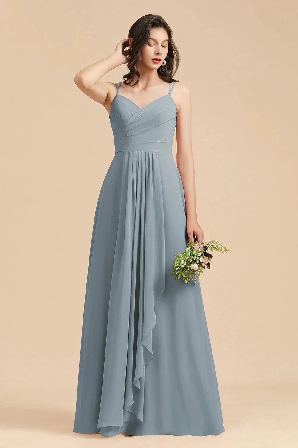 Affordable V-Neck Ruffle Dusty Blue Chiffon Bridesmaid Dresses - Image 7
