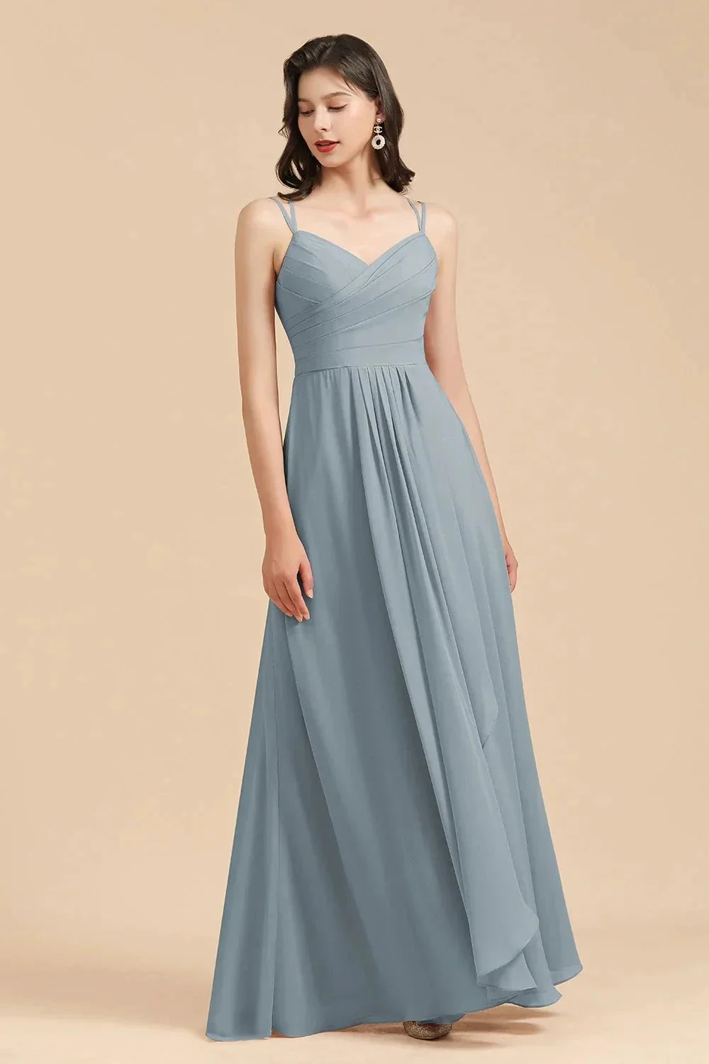 Affordable V-Neck Ruffle Dusty Blue Chiffon Bridesmaid Dresses - Image 8