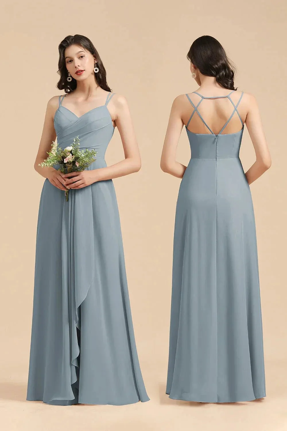 Affordable V-Neck Ruffle Dusty Blue Chiffon Bridesmaid Dresses - Image 9