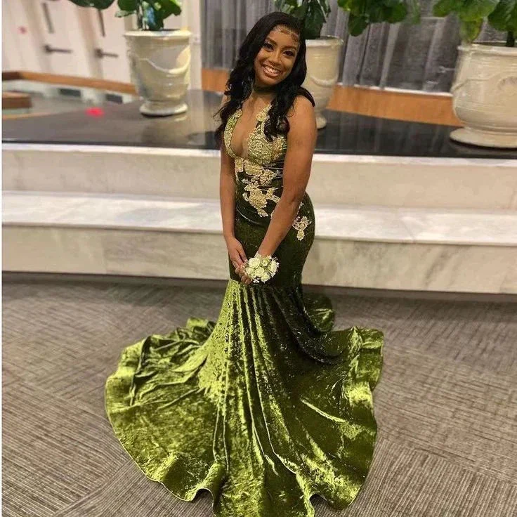 African Prom Dress For Black Girl Velvet Appliques Deep V Neck Sexy Mermaid Graduation Party Evening Dress Y6345 - Image 2