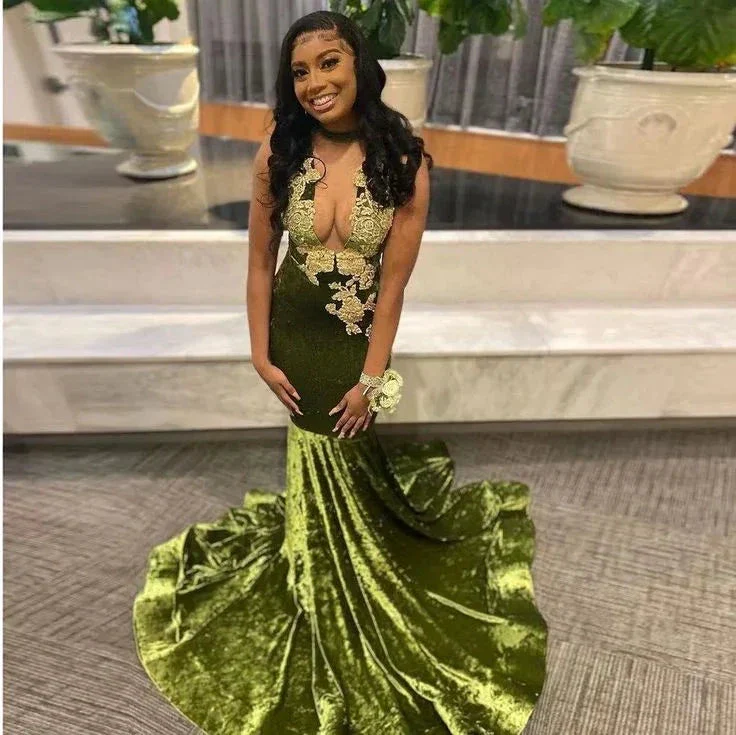 African Prom Dress For Black Girl Velvet Appliques Deep V Neck Sexy Mermaid Graduation Party Evening Dress Y6345 - Image 3