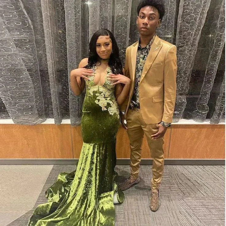 African Prom Dress For Black Girl Velvet Appliques Deep V Neck Sexy Mermaid Graduation Party Evening Dress Y6345 - Image 4