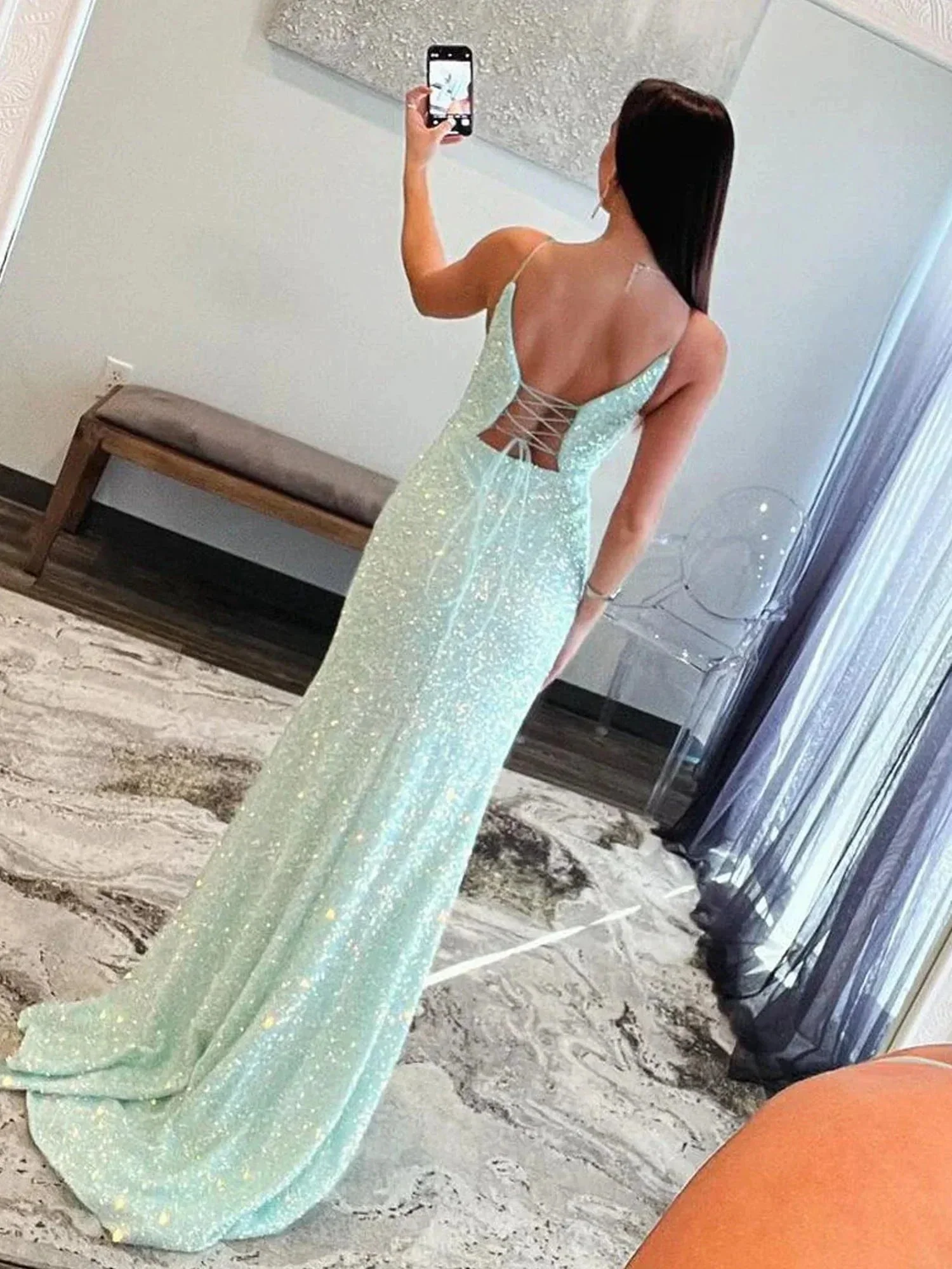 Ailsa | Mint Green Spaghetti Straps Sequins Mermaid Long Prom Dresses With Split - Image 2
