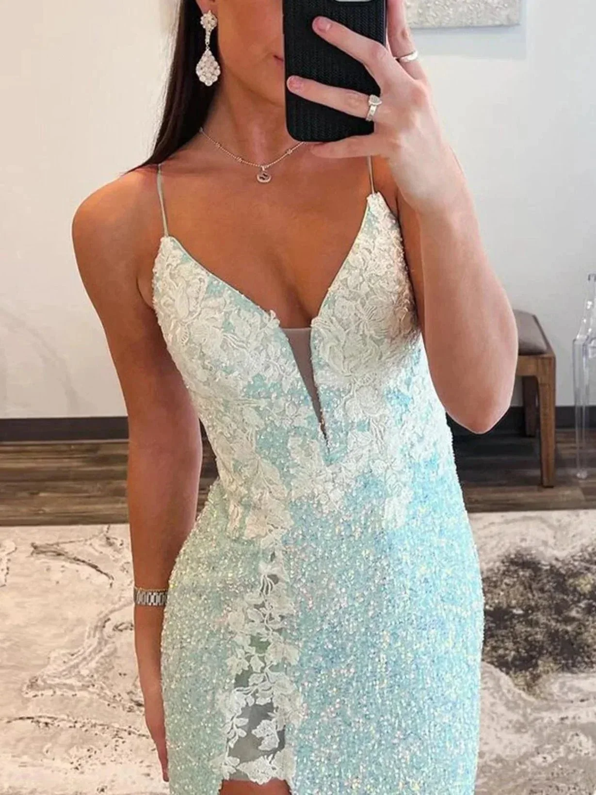 Ailsa | Mint Green Spaghetti Straps Sequins Mermaid Long Prom Dresses With Split - Image 4