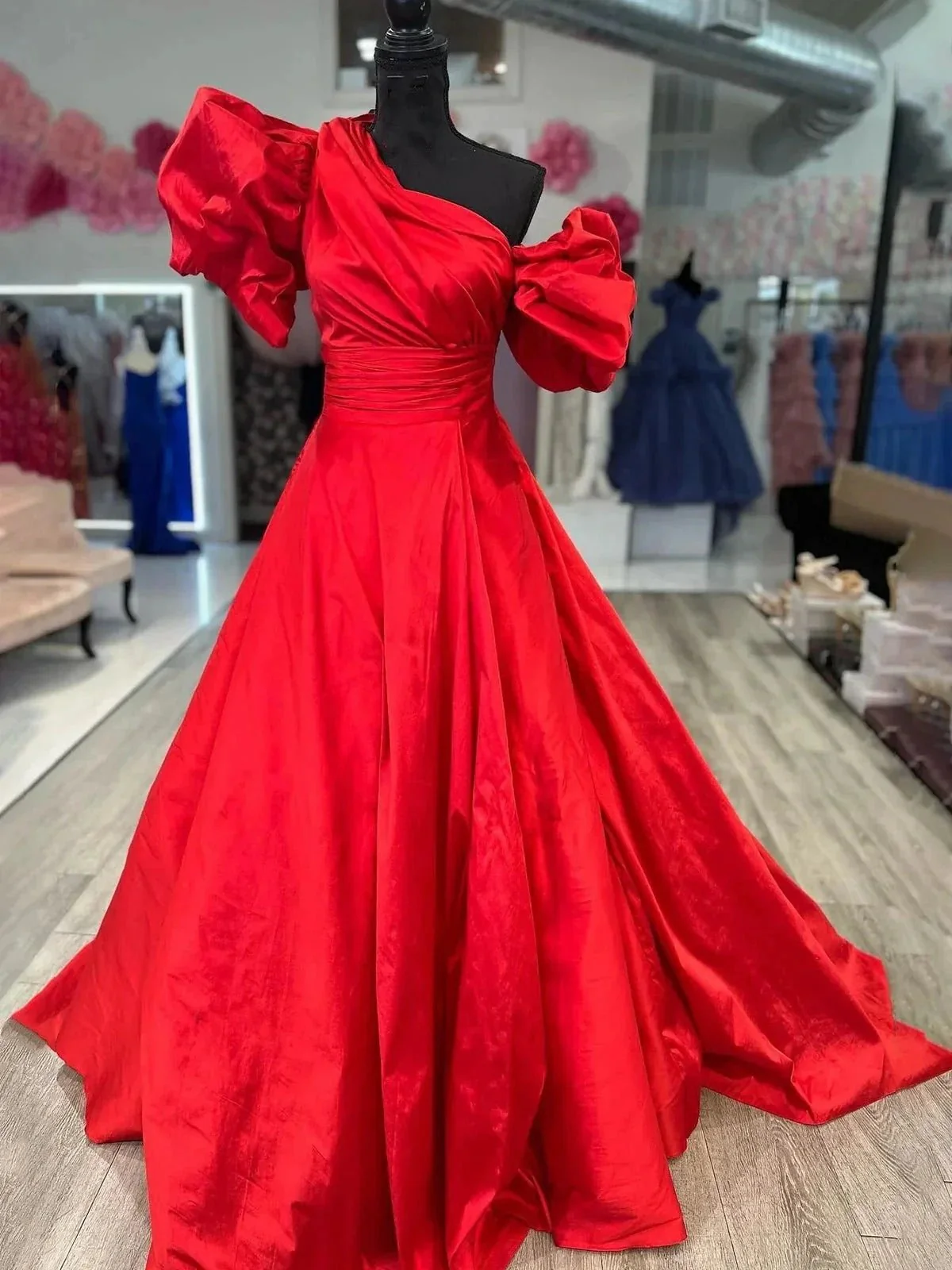 Alan | Fuchsia One-Shoulder A-Line Long Prom Dress with Puff Sleeves - Image 2