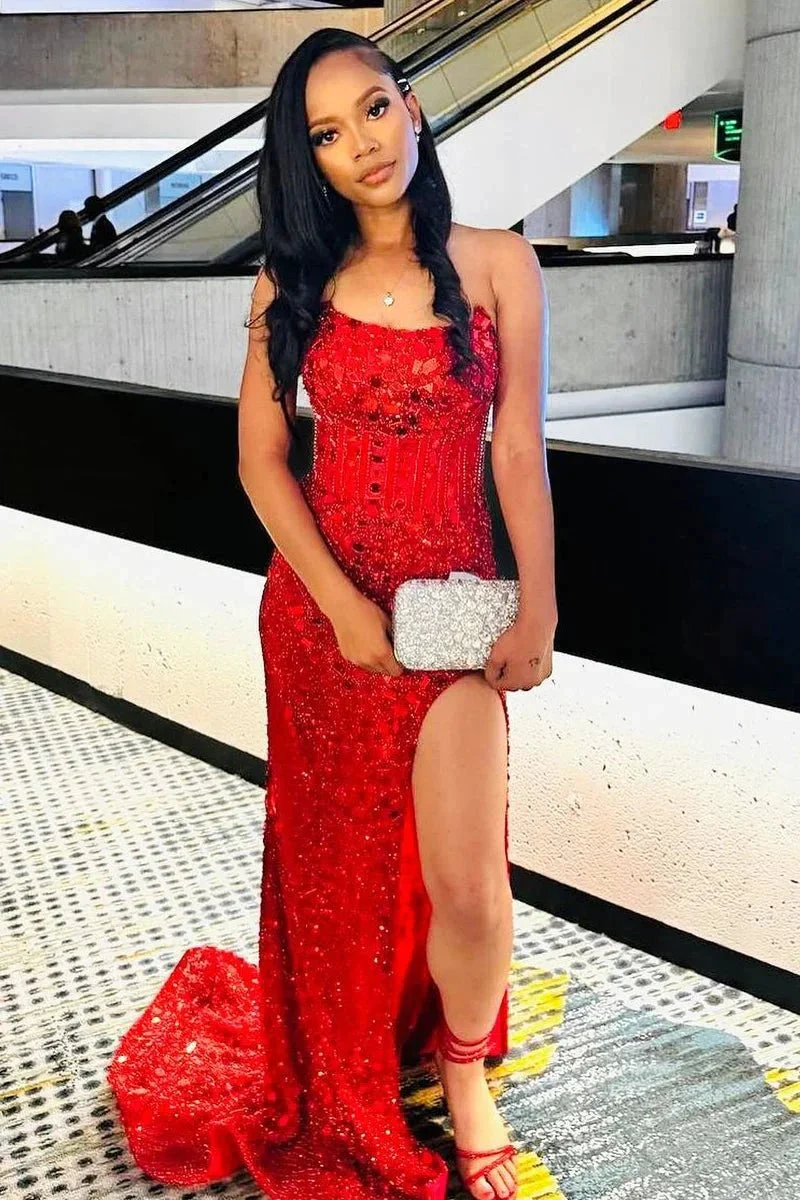 Alcyone | Mermaid Scoop Neck Red Sequins Prom Dresses with Slit F1065 - Image 8