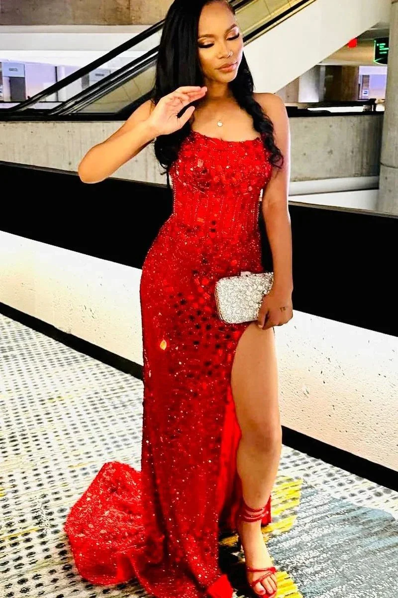 Alcyone | Mermaid Scoop Neck Red Sequins Prom Dresses with Slit F1065 - Image 9