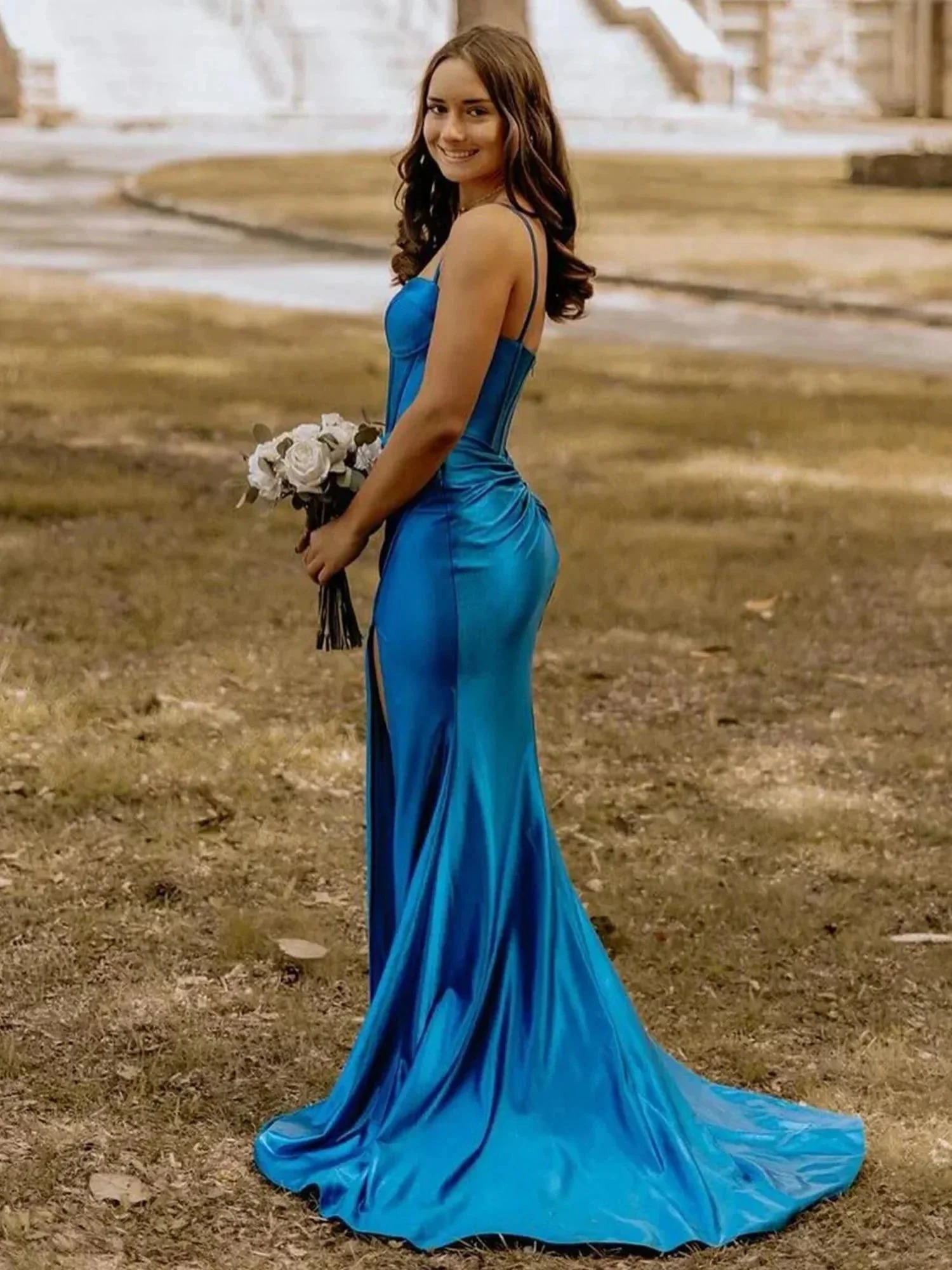 Alexia | Blue Satin Mermaid Long Formal Dress with Slit - Image 2