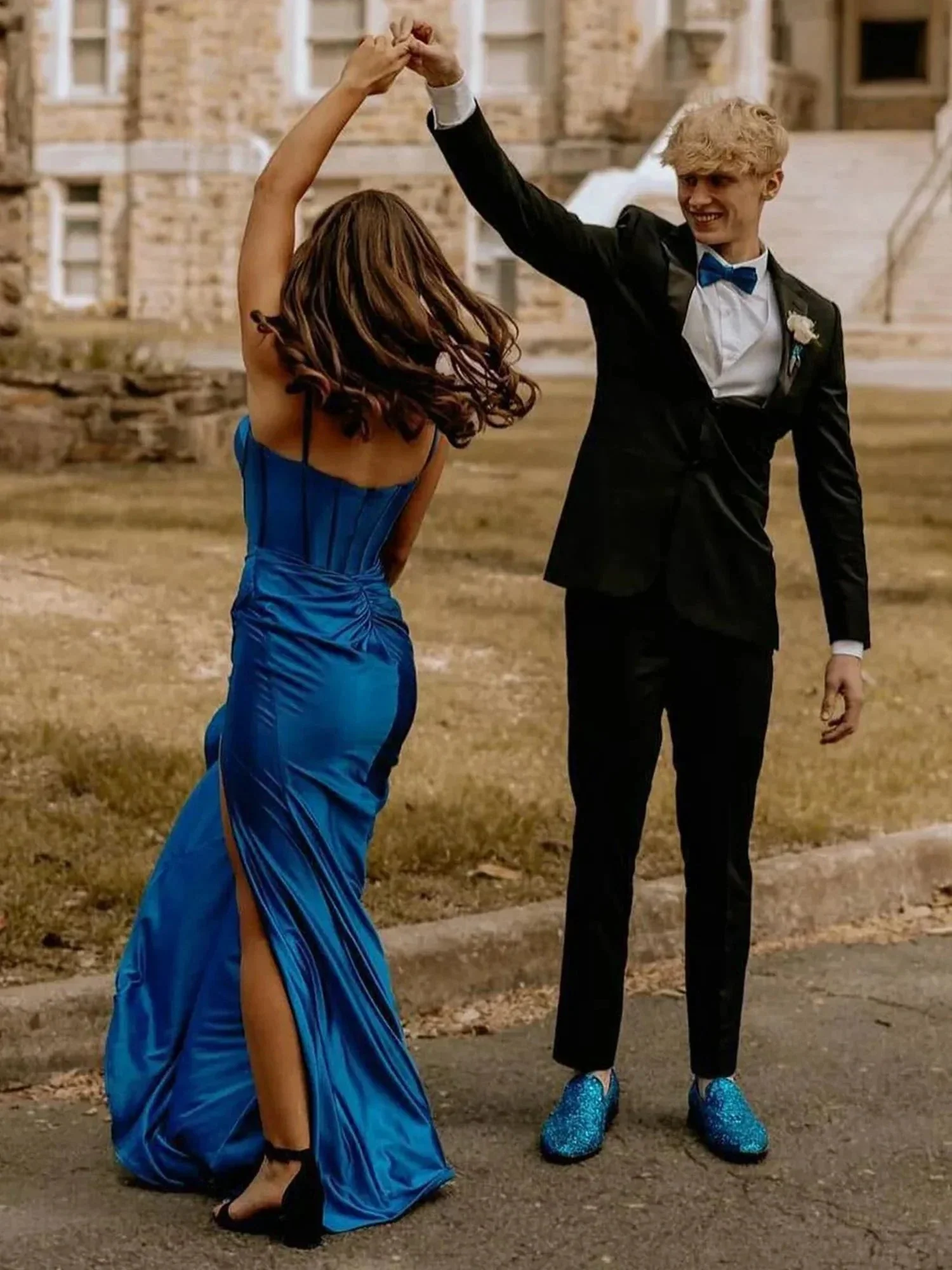 Alexia | Blue Satin Mermaid Long Formal Dress with Slit - Image 3