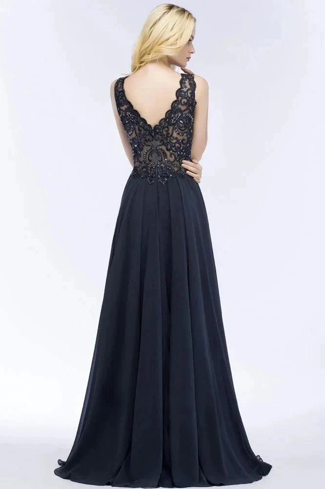 Aline Chiffon Appliques Evening Maxi Gown Crystals Sleeveless Party Dress - Image 2