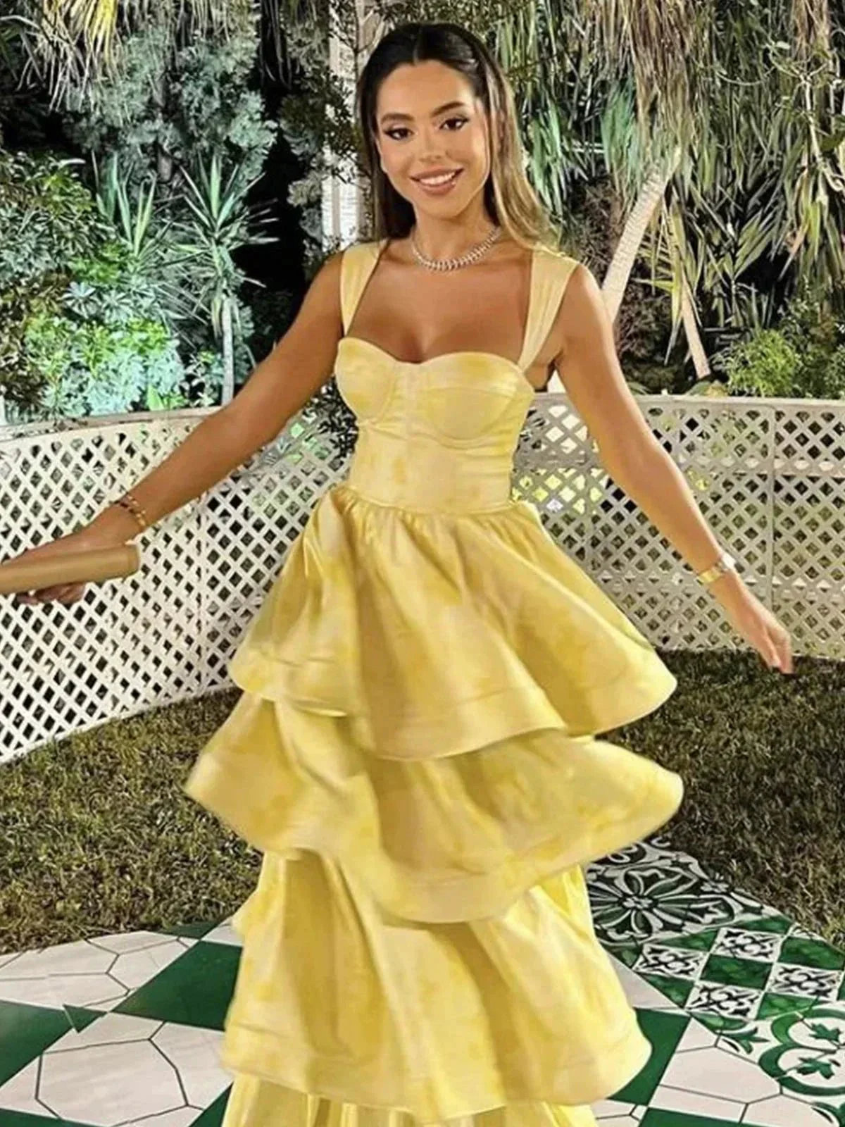 Alivia | Pastel Yellow Ruffle Tiered A-Line Long Party Prom Dress - Image 2