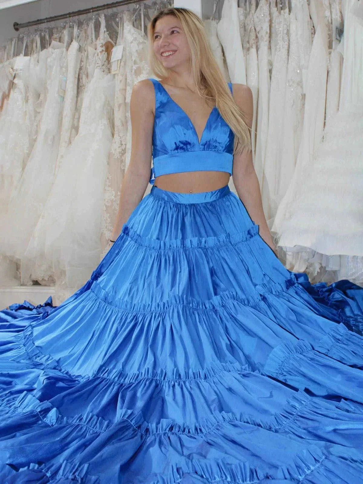 Aloe |  A-Line Yellow V-Neck Ruffle Taffeta Two Piece Prom Dress - Image 5