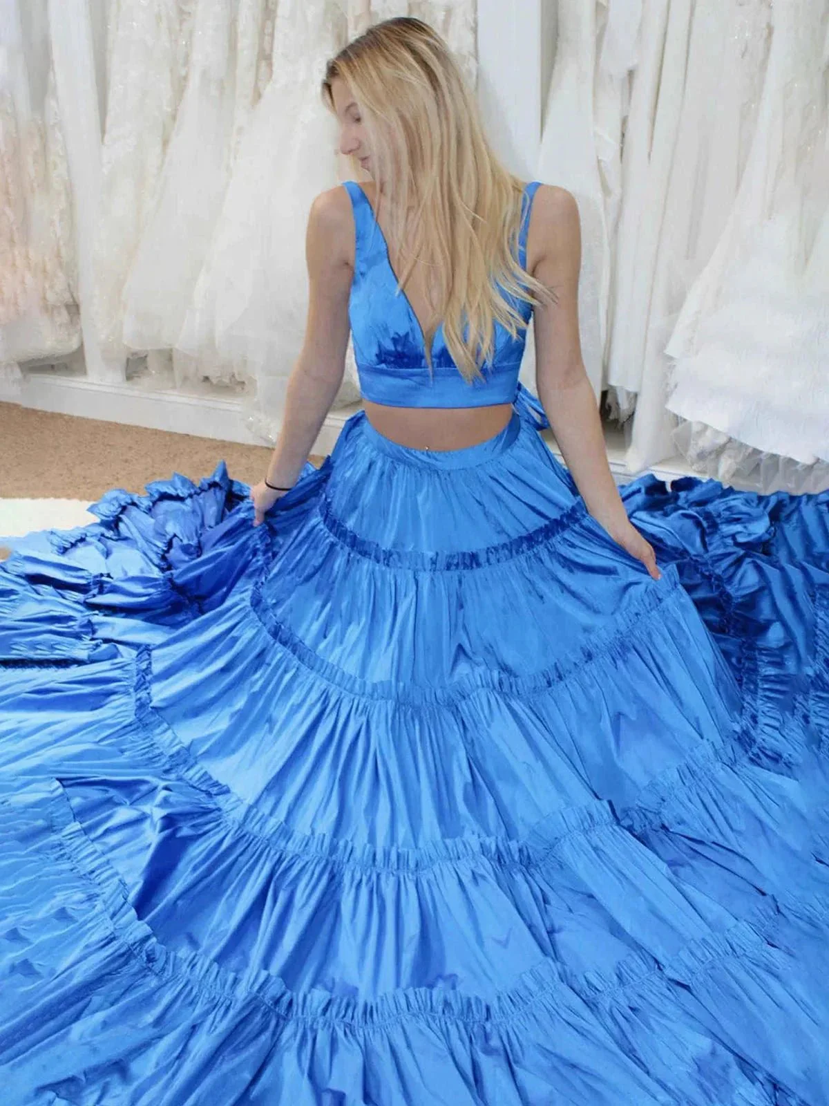 Aloe |  A-Line Yellow V-Neck Ruffle Taffeta Two Piece Prom Dress - Image 6