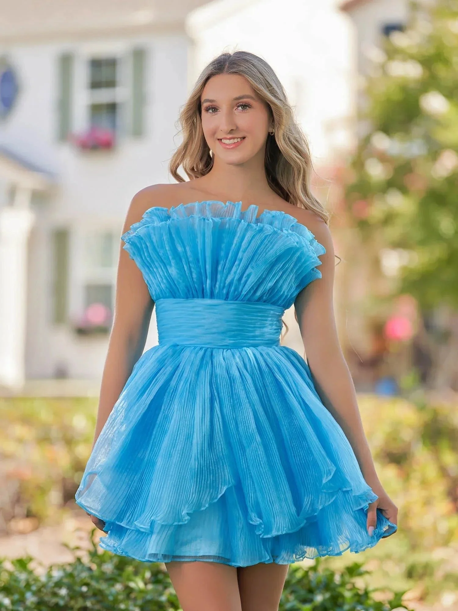 Blue A-Line Strapless Pleated Short Tiered Homecoming Dress - Image 3