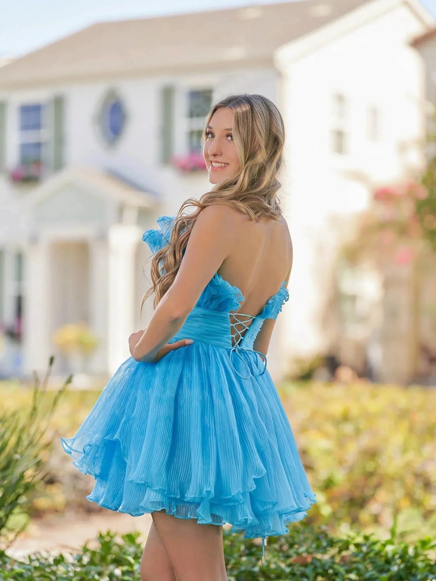 Blue A-Line Strapless Pleated Short Tiered Homecoming Dress - Image 5