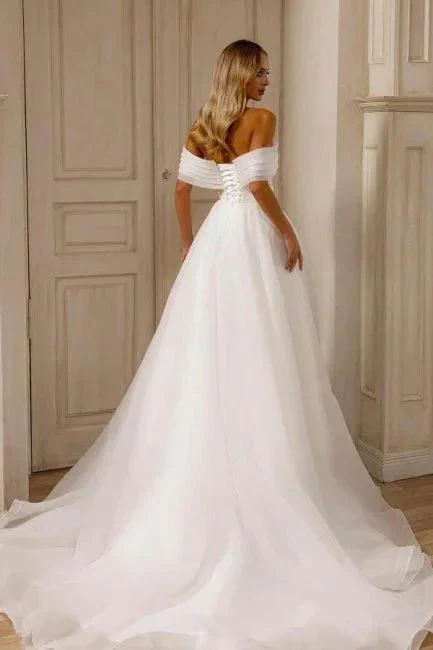 Amazing A-Line Chiffon Tulle Off-The-Shoulder Sleeveless White Wedding Dress With Split Front - Image 4