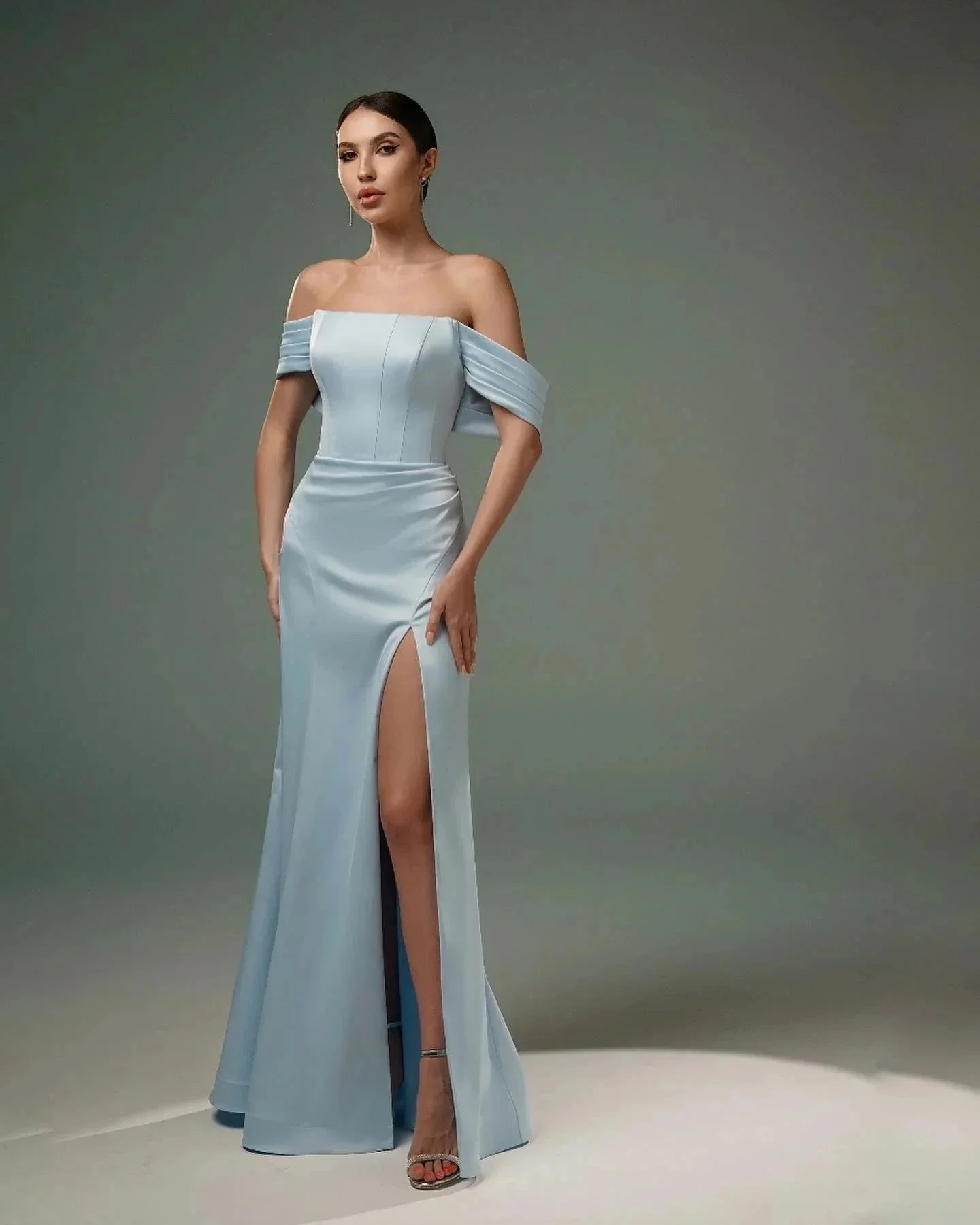 Amazing A-Line Satin Off-The-Shoulder Sleeveless Prom Dresses With Split Front - Image 2