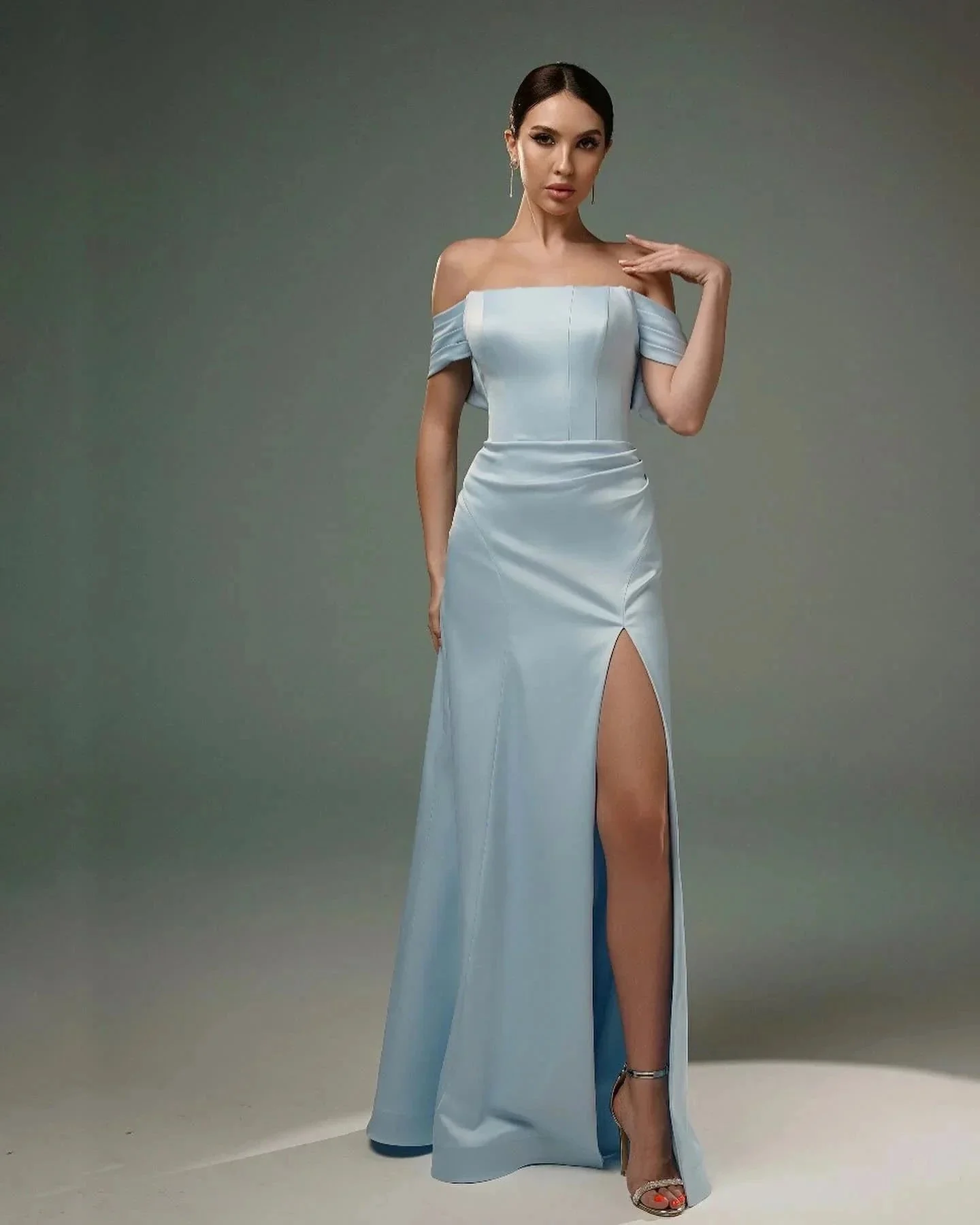 Amazing A-Line Satin Off-The-Shoulder Sleeveless Prom Dresses With Split Front - Image 3