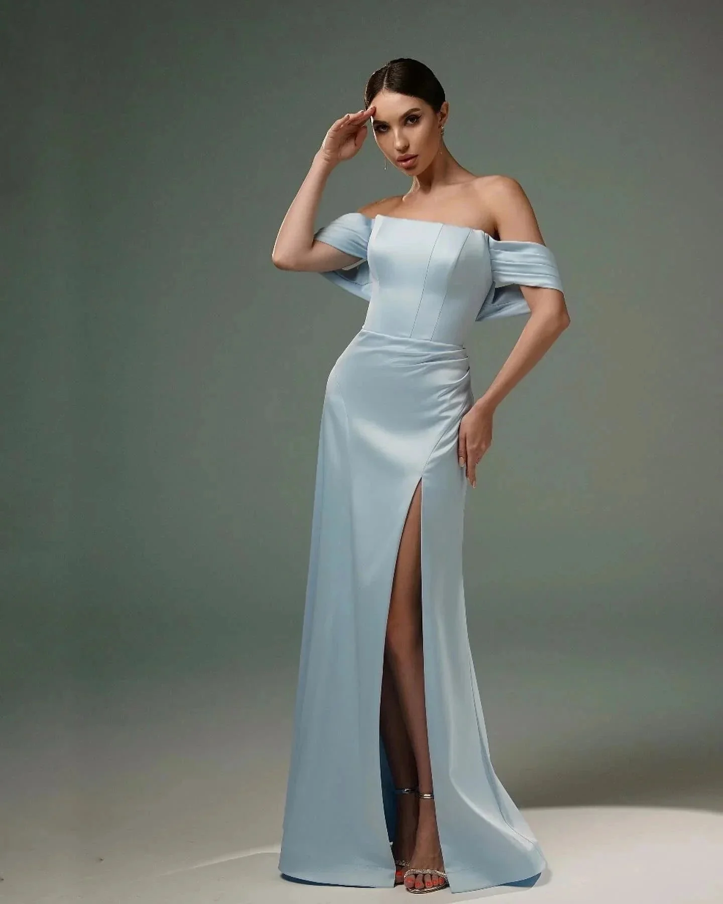 Amazing A-Line Satin Off-The-Shoulder Sleeveless Prom Dresses With Split Front - Image 4