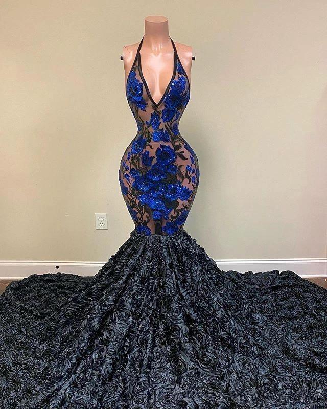 Amazing Black Appliques V-neck Halter Sleeveless Floor-length Mermaid Prom Dresses - Image 2