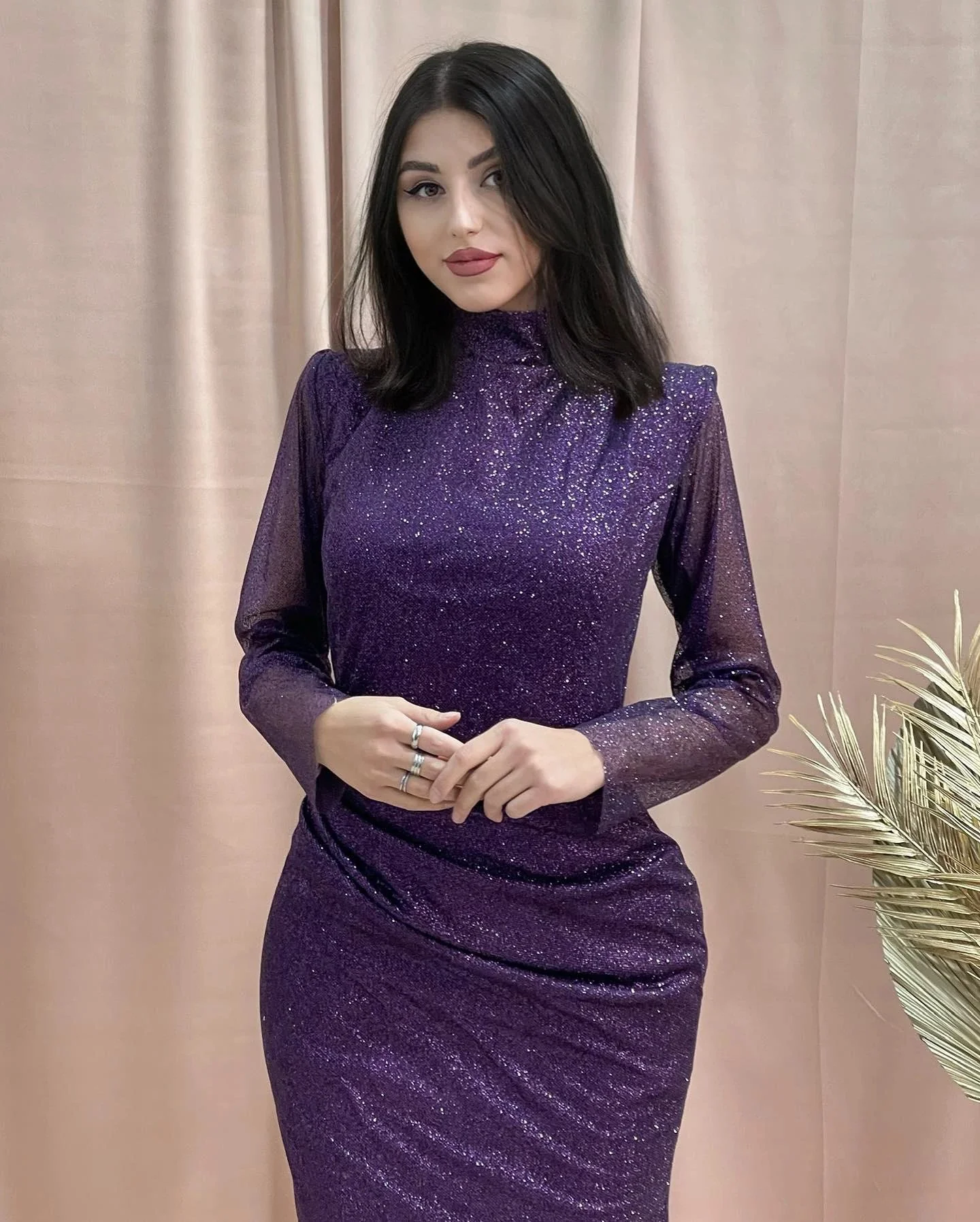 amazing column high neck long sleeve sequined satin prom dresses - Image 2