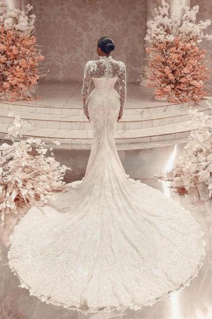 Amazing Column Lace High Neck Long Sleeve White Long Wedding Dress With Appliques Train - Image 2