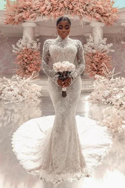 Amazing Column Lace High Neck Long Sleeve White Long Wedding Dress With Appliques Train - Image 3
