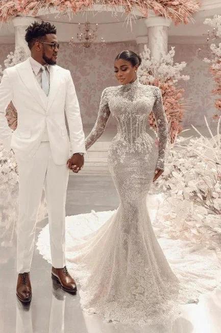 Amazing Column Lace High Neck Long Sleeve White Long Wedding Dress With Appliques Train - Image 5