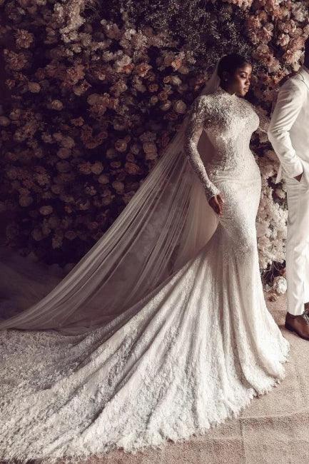 Amazing Column Lace High Neck Long Sleeve White Long Wedding Dress With Appliques Train - Image 6