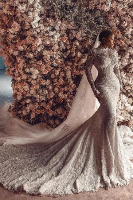 Amazing Column Lace High Neck Long Sleeve White Long Wedding Dress With Appliques Train - Image 7